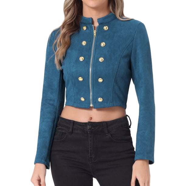 CHAQUETA CORTA DE SUEDE SINTÉTICO PARA MUJERES INSPIRE CHIC, DE DOBLE BOTÓN, CON CUELLO ALTO, CIERRE DE CREMALLERA Y MANGAS LARGAS, TALLA XL, AZUL LAGO