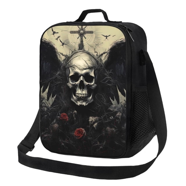 Fotbe Vintage Winged Rose Skull Lonchera Bolsa de Almuerzo para Hombres y Mujeres, Lonchera de Gran Capacidad, Bolsa de Almuerzo Reutilizable, Bolsa Térmica Aislante