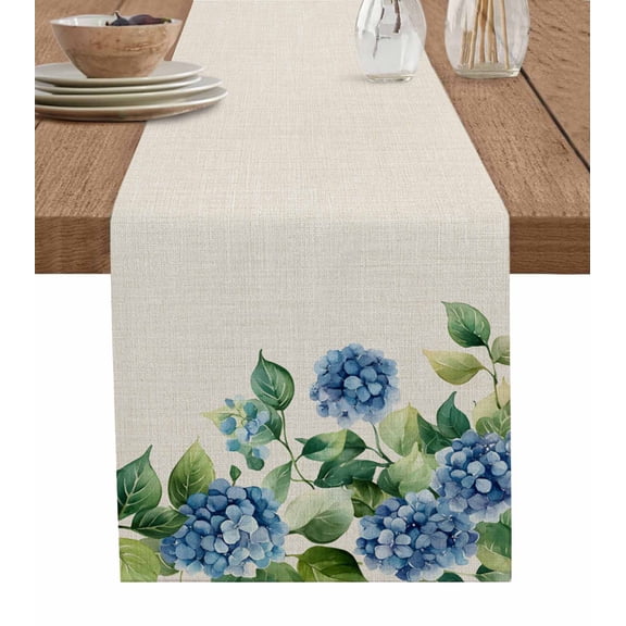 Table Runner Blue Hydrangea Table Decoration for Kitchen Dinning Retro Linen Background Table Decoration for Indoor Outdoor Party Wedding Decor 13x90 Inch