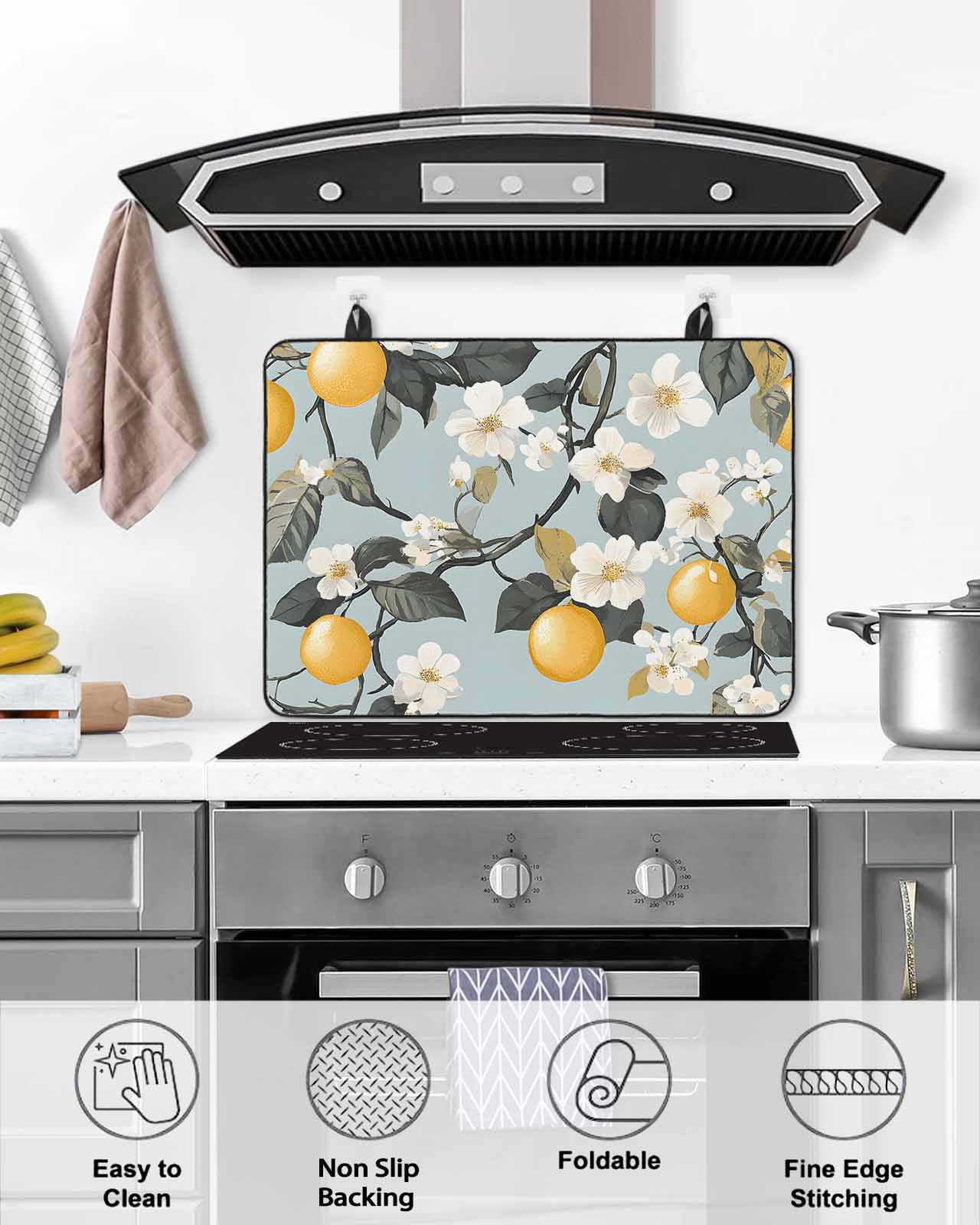 nqOlkjepod Large Induction Cooktop Protector Mat 24"x21", Lemon Flower Stove Top Covers for Electric Stove, Summer Floral Fruit White Floral Branch Stove Burner Cover Mats, Glass Top Stove Cover