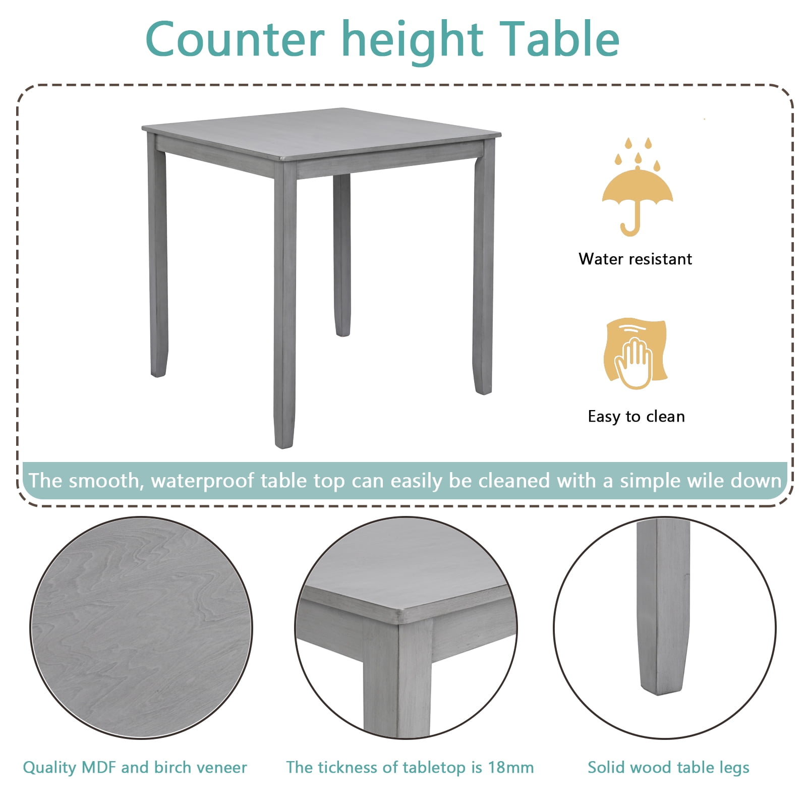 Gewnee 5-Piece Counter Height Dining Set – 34.5" Square Wooden Table + 4 Upholstered Chairs,Space-Saving Design for Small Kitchen and Dining Room,Gray