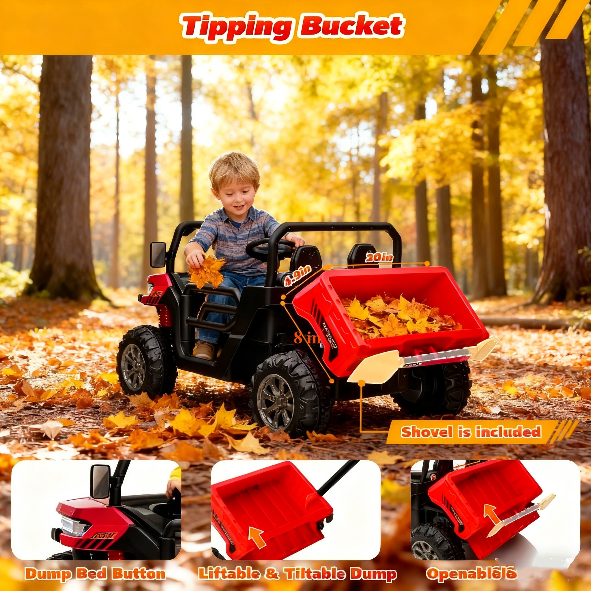 Jorfly 24V Ride on Cars Dump Truck w/Remote Control, Power Car Wheels Electric Battery Powered Car w/ Dump Bed, Ride on Toys for Kids, Built-in music, Cool LED Light, Bluetooth, USB,Red