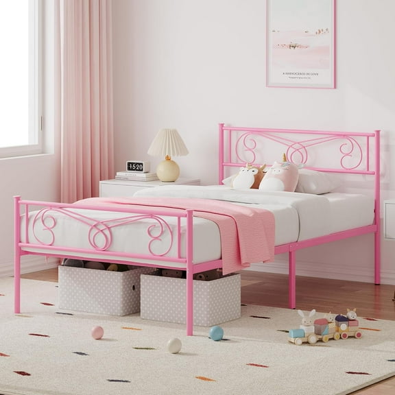 Pink Twin Bed Frame with Headboard and Footboard for Girls, Twin Size Bed Metal Platform with Steel Slat Support, Mattress Foundation with Storage, No Box Spring Needed, Easy Assembly