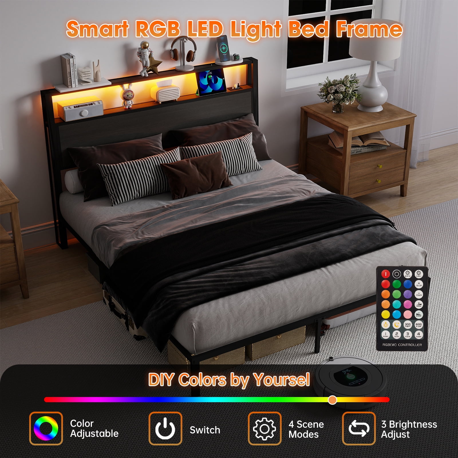 Leumius Queen Size Bed Frame with Headboard, Platform Bed with RGB LED Light & Charging Station & Under Bed Storage Space, Easy Assembly,Dark Gray