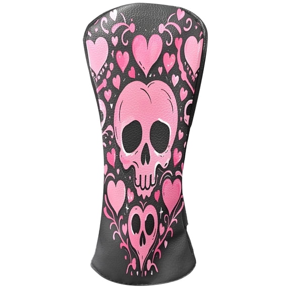 Golf Club Covers, Pink SkullHeart Premium PU Leather Driver Hybrid Putter Head Covers with Velvet Lining, Waterproof Golf Gifts for Men Women
