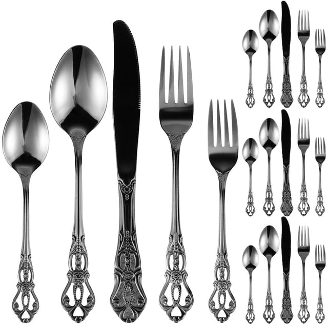 AMERTEER 20Pcs Silverware Set Stainless Steel Flatware Set Retro Royal Western Tableware Cutlery Set with Cutter Spoon Fork Anti-Rust Kitchen Utensils Dishwasher Safe for Home Kitchen