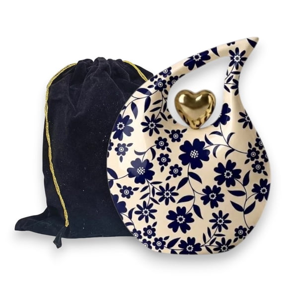 Cremation Urn for Human Ashes 200 Cu In – Blue Floral Teardrop Memorial Urn Adult Funeral Urn Aluminum Burial Urns with Velvet Bag Gold Heart