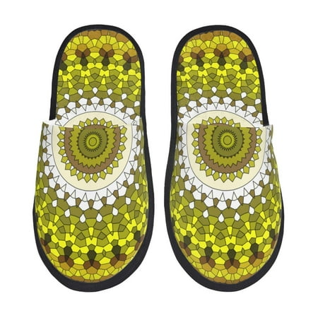 

Honeii Yellow Mandala print Slippers Memory Foam House Bedroom Slippers for Women and Men Fuzzy Plush Comfy Faux Fur Lined Slide Shoes-Medium