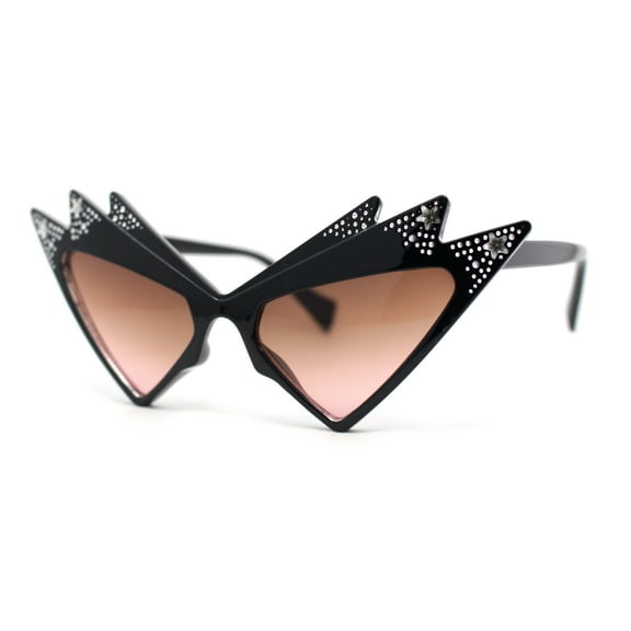 Sparkling Show Girl Silver Foil Bling Glitz Triangle Cat Eye Plastic Sunglasses Black - Brown Pink