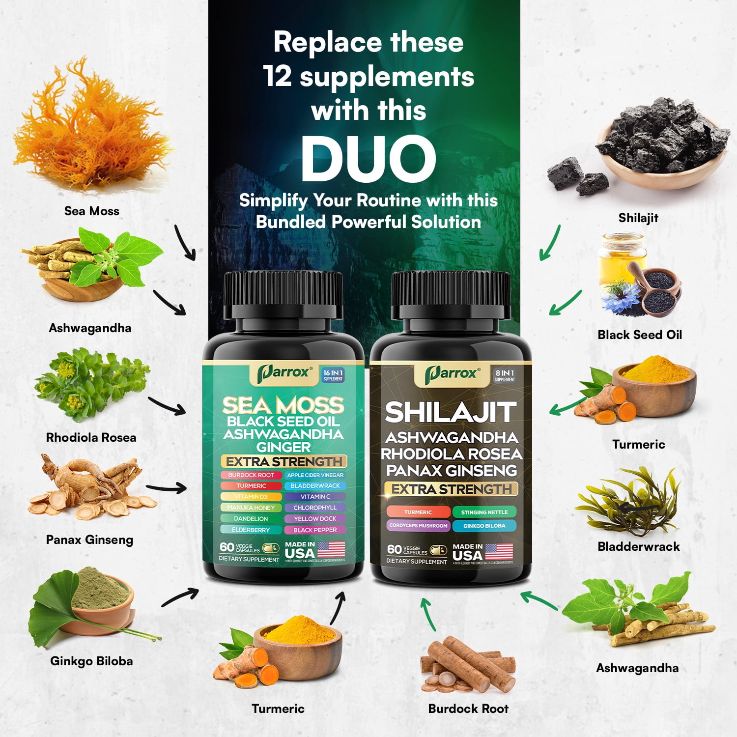 Dynamic Vitality Bundle, Sea Moss, Black Seed Oil, Ashwagandha, Ginger, Turmeric, Dandelion, Shilajit, Panax Ginseng, Rhodiola Rosea, Cordyceps Mushroom, All-in-One Supplements Duo (3 Pack)
