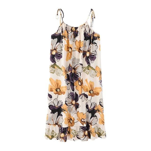 Dalazy Chemise de Nuit Florale en Coton Robe de Nuit Col Rond Ample Sans Manches Mini Jupe de Nuit pour la Maison Vert Jaune G