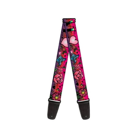 Guitar Straps Choose Color - Red and Pink Roses Hearts Butterflies on Pink Guitar Strap