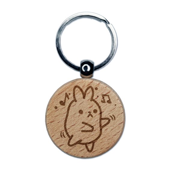 Cute Kawaii Bunny Rabbit Dancing to Music Round Keychain Charm Tag - Engraved Wood