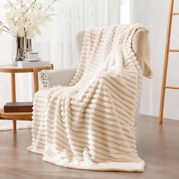 ROSEKIND Striped Blanket, Premium Faux Fur Touch Ribbed Throw for Sofa & Bed, Cozy Gift for Adults & Friends, 280GM, 60x80in, White