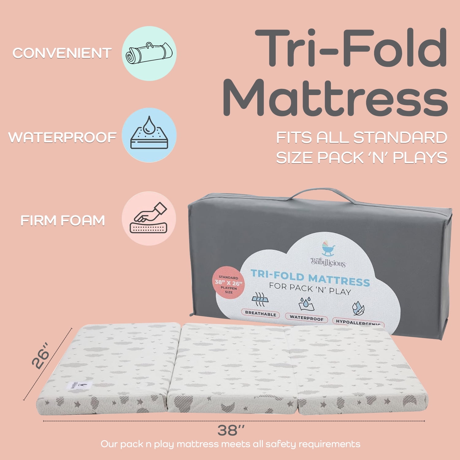 Pack and Play Mattress Topper - 38"x26" Trifold - Breathable Plush Foam | Portable Travel Bag - Playard Mattress for Pack n Play