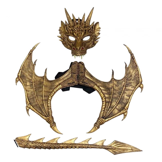 Ensemble d'Accessoires de Costume Dragon pour Enfants, Jeu de Rôle, Mascarade, Queue et Ailes de Dinosaure, Or