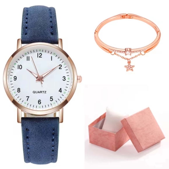 Reloj Clásico de Cuarzo para Mujer con Esfera Luminosa y Correa de Piel Esmerilada. Reloj Retro Pequeño y Redondo con Pulsera y Caja.