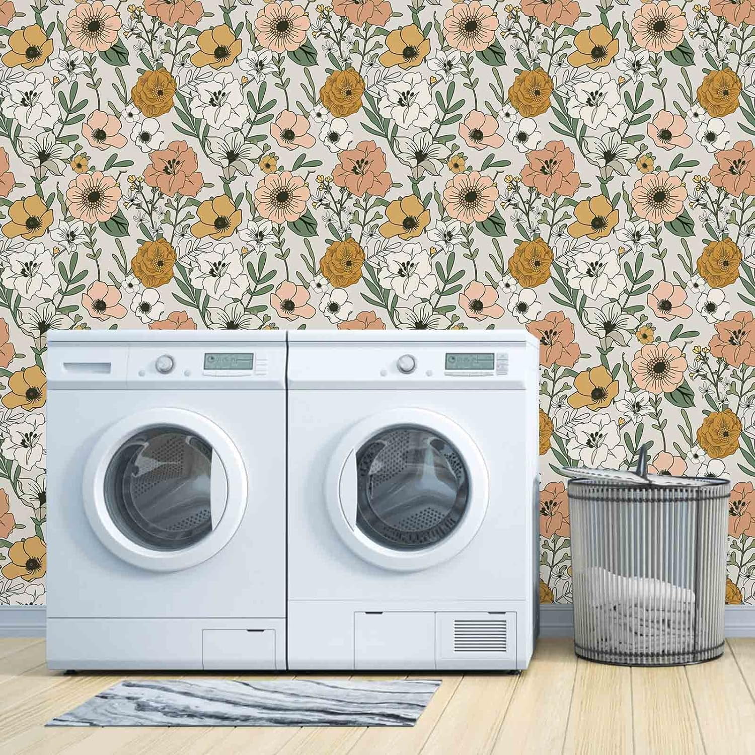 UMIGGEE 17.7-in x 393-in Vintage Floral Peel and Stick Wallpaper Boho Retro Removable Contact Paper Vinyl Self Adhesive Flower Wallpaper for Bathroom Bedroom White/Sand/Oliva