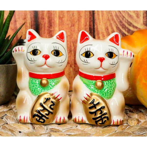 Ebros Ceramic Japanese Maneki Neko Salt And Pepper Shakers Magnetic Cat 3.5"Tall