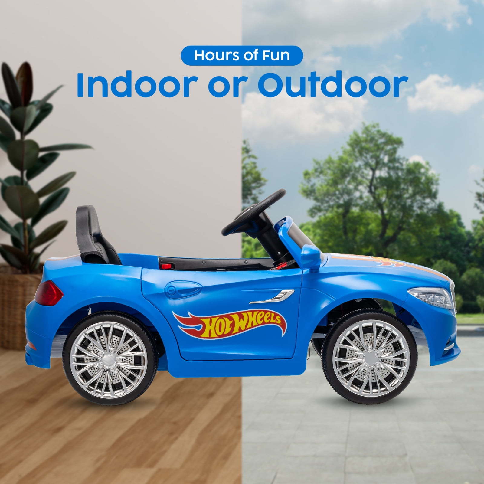 Hot Wheels 6V Battery-Powered Convertible Ride-On Car for Kids, Blue with Racing Stripes