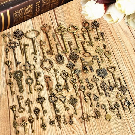 Old Lady Figurine - Grtsunsea 70Pcs Antique Vintage Old Look Bronze Skeleton Keys Fancy Heart Bow Pendant Set