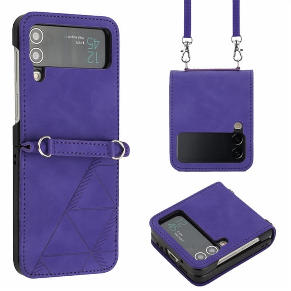 SaniMore for Samsung Galaxy Z Flip 3 6.7" PU Leather Case, Anti-Scratch Ultra-Thin Folding Cover Built-in Multi-View Kickstand & Detachable Shoulder Strap Full Body Protective Shell, Purple