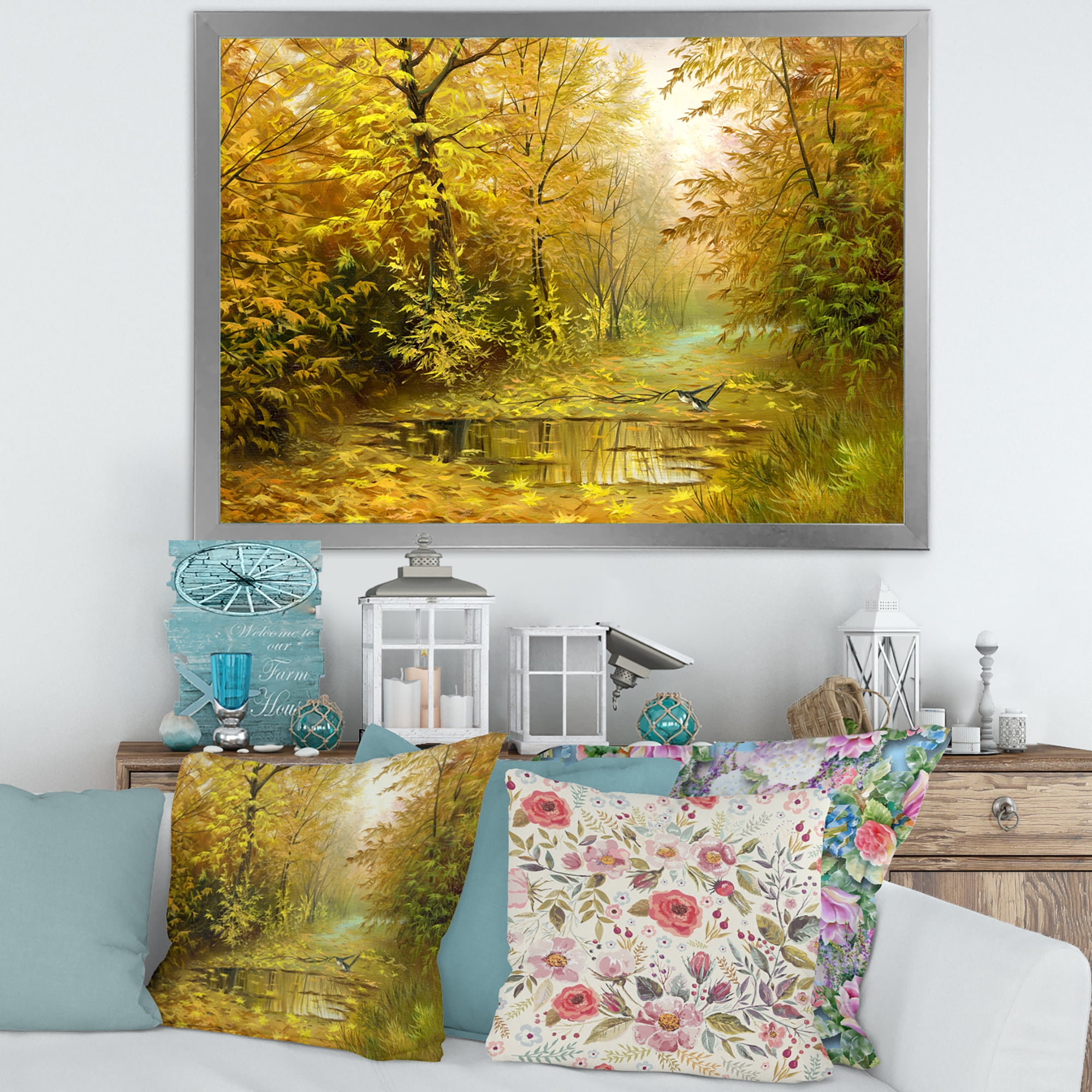 Designart 'Rain Water On Road In Yellow Woodlands' Country Framed Art Print