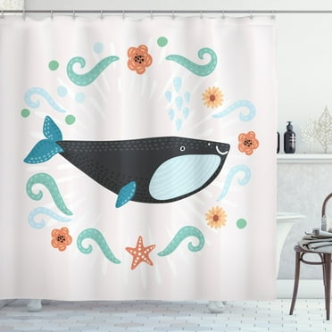 Whale Shower Curtain, Cartoon Style Smiling Big Fish with Flowers Marine Elements and Splashes Around, Fabric Bathroom Set with Hooks, 69W X 84L Inches Extra Long, Multicolor, by Ambesonne