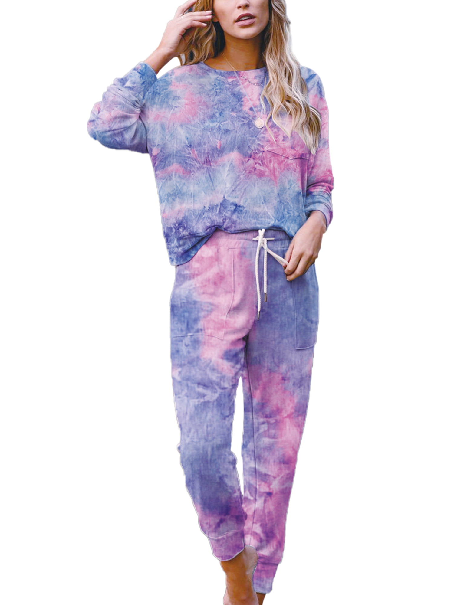 Womens Tie Dye Long Sleeve Sweatsuit 2 Piece Pullover Sweatshirts and Drawstring Sweatpants Sets with Pockets 