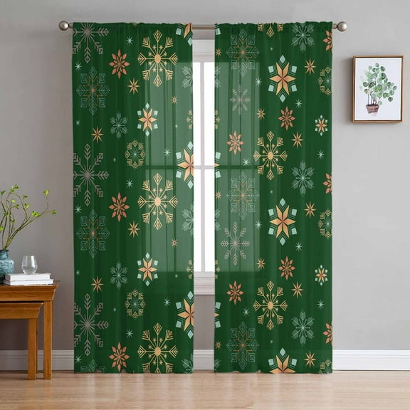 Christmas Snowflakes Sheer Curtains 72 Inches Long, Winter Xmas Geometric Green Light Filtering Window Curtains for Living Room/Bedroom, Rod Pocket Voile Sheer Curtain Drapes, 52"W x 72"L, 2 Panels