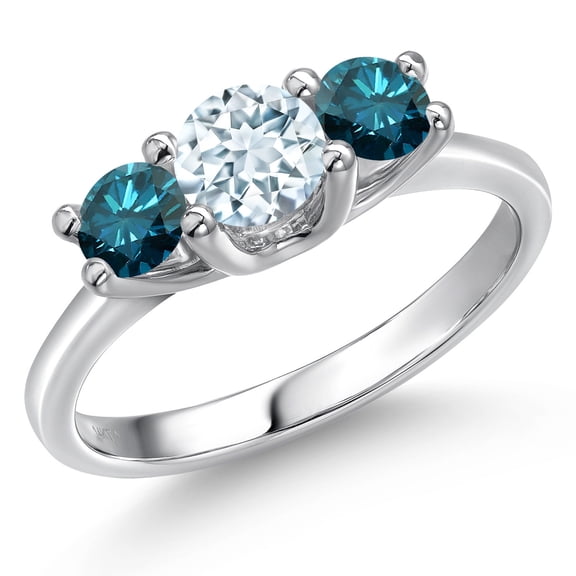 Gem Stone King 14K White Gold Sky Blue Aquamarine & Blue Diamond 3-Stone Engagement Ring | 1.04 Cttw | Round 5MM and 4MM | Three Stone Wedding Anniversary Promise Ring for Women (Size 8)