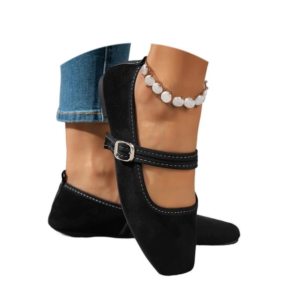 HXWCHs Women's Casual Low Heel On Shoes with Square toe and Retro Ankle Strap for Comfortable Everyday Walking 9 Black