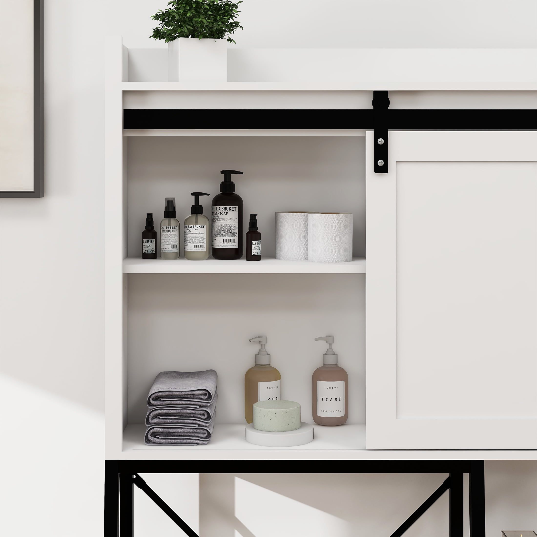 PAPROOS Over the Toilet Storage Cabinet, Bathroom Space Saver Organizer above Toilet with Adjustable Shelf and Side Storage Rack, White+Black