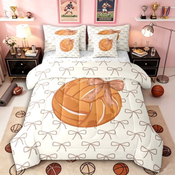 Erosebridal Teens Sport Basketball Twin Bedding Sets 7-Piece,Kawaii Ribbon Bow Bedding Comforter Set for Boys Girls,Super Cozy Room Decor