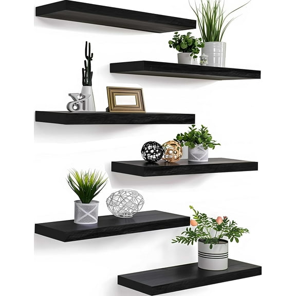 Wood Floating Shelves for Wall, Wooden Wall Shelves for Bedroom, Set of 6 Black 17 Inch