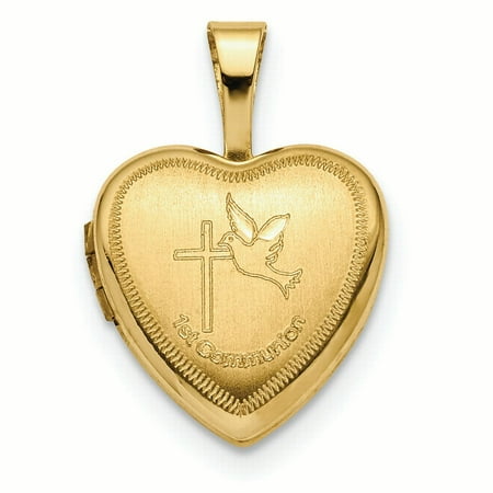 14K Yellow Gold 1st Communion, Dove Cross Heart Locket Charm Pendant