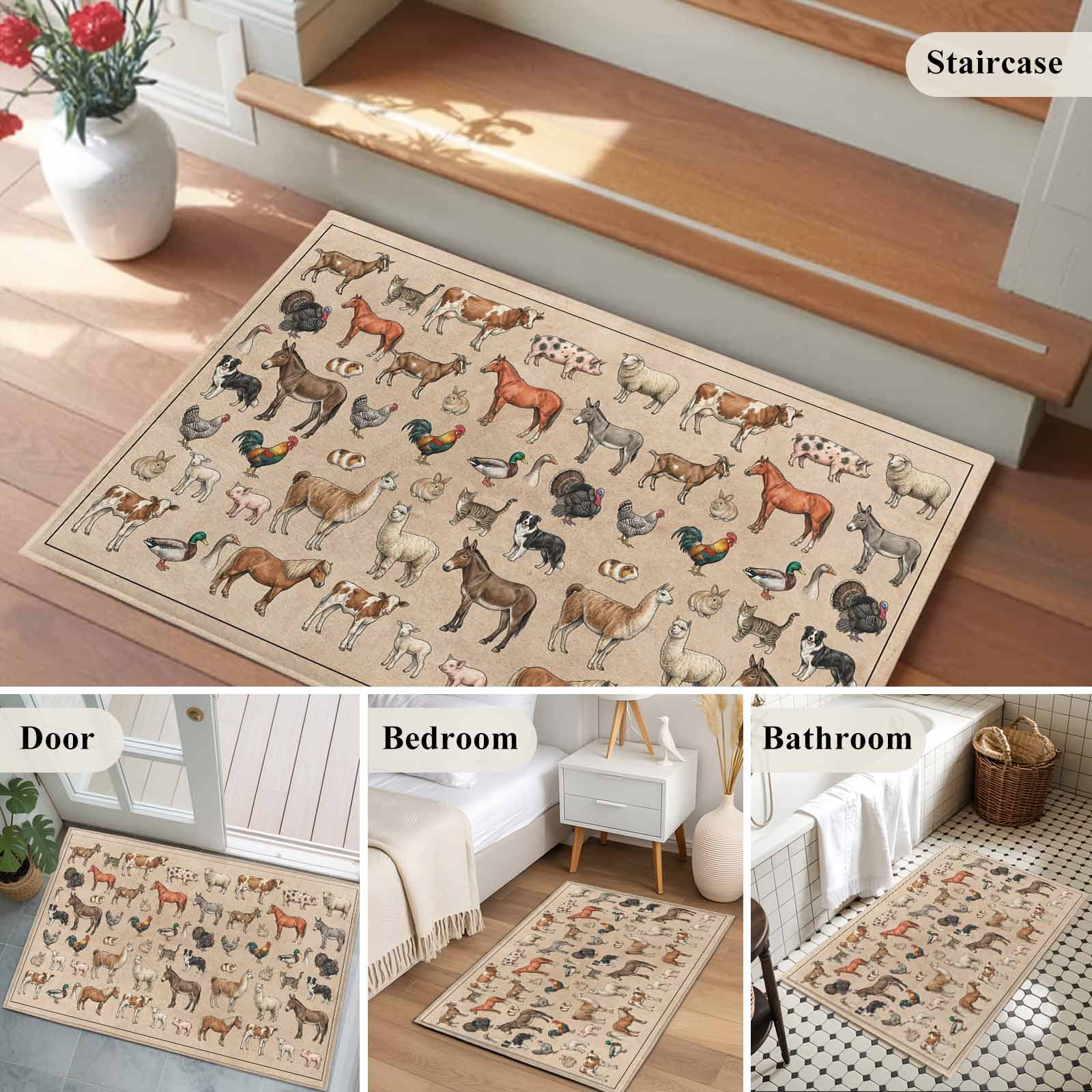 Bathroom Rugs 2x3 Ft, Farmhouse Non Slip Area Rugs for Kitchen Bedroom Entryway, Vintage Country Farm Animals Brown Washable Carpet Runner Rug Floor Mats for Bedroom Home Decor