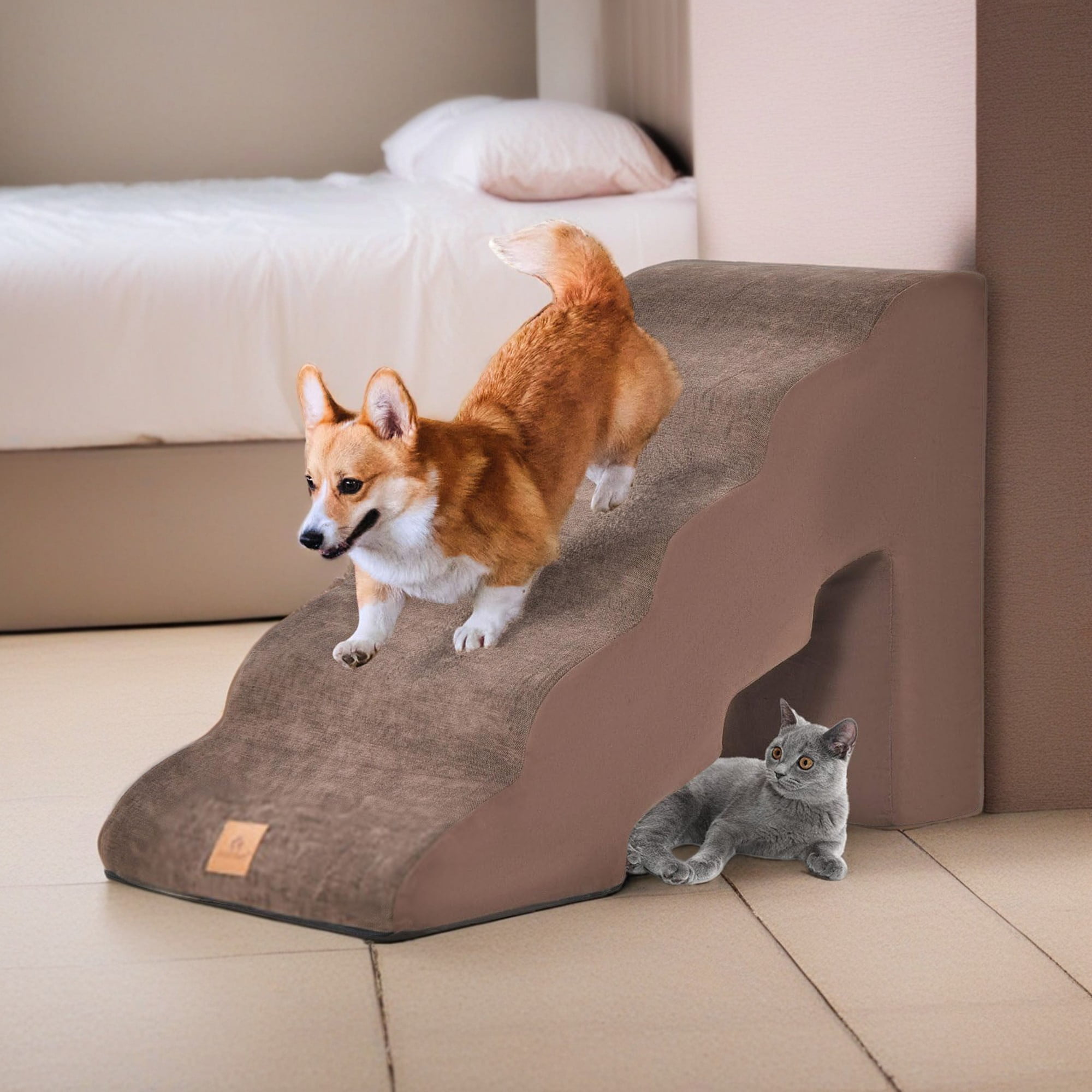 Kadyn 33" Dog Stairs for Small Pets with High-Density Sponge and Silicone Paw Prints, 5-Step Dog Ramp for Beds and Couch, Brown