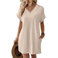 thumbnail image 5 of CHIUNL Summer Dresses for Women, V Neck Short Sleeve T-Shirt Dress with Pockets, Casual Loose Fit Mini Dress, Fashion Clothing for Vacation & Daily Wear (Beige M), 5 of 7