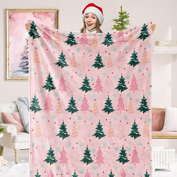 Christmas Fuzzy Blanket Pink Green Xmas Tree Soft Throw Blanket for Winter Home Chair Sofa Couch Bed