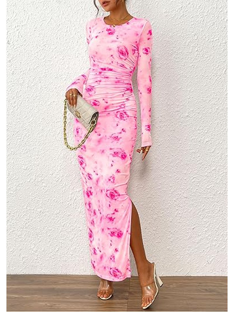 PRETTYGARDEN Women's Bodycon Maxi Dress Fall Spring Fashion Long Sleeve  Floral Print Tight Fitted Party Club Ruched Dresses - Walmart.com