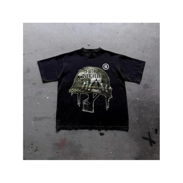 War Helmet Faith over Fear Graphic Print Cotton T-Shirt, grunge scene tapout goth amity affliction style clothes, unisex T-shirt