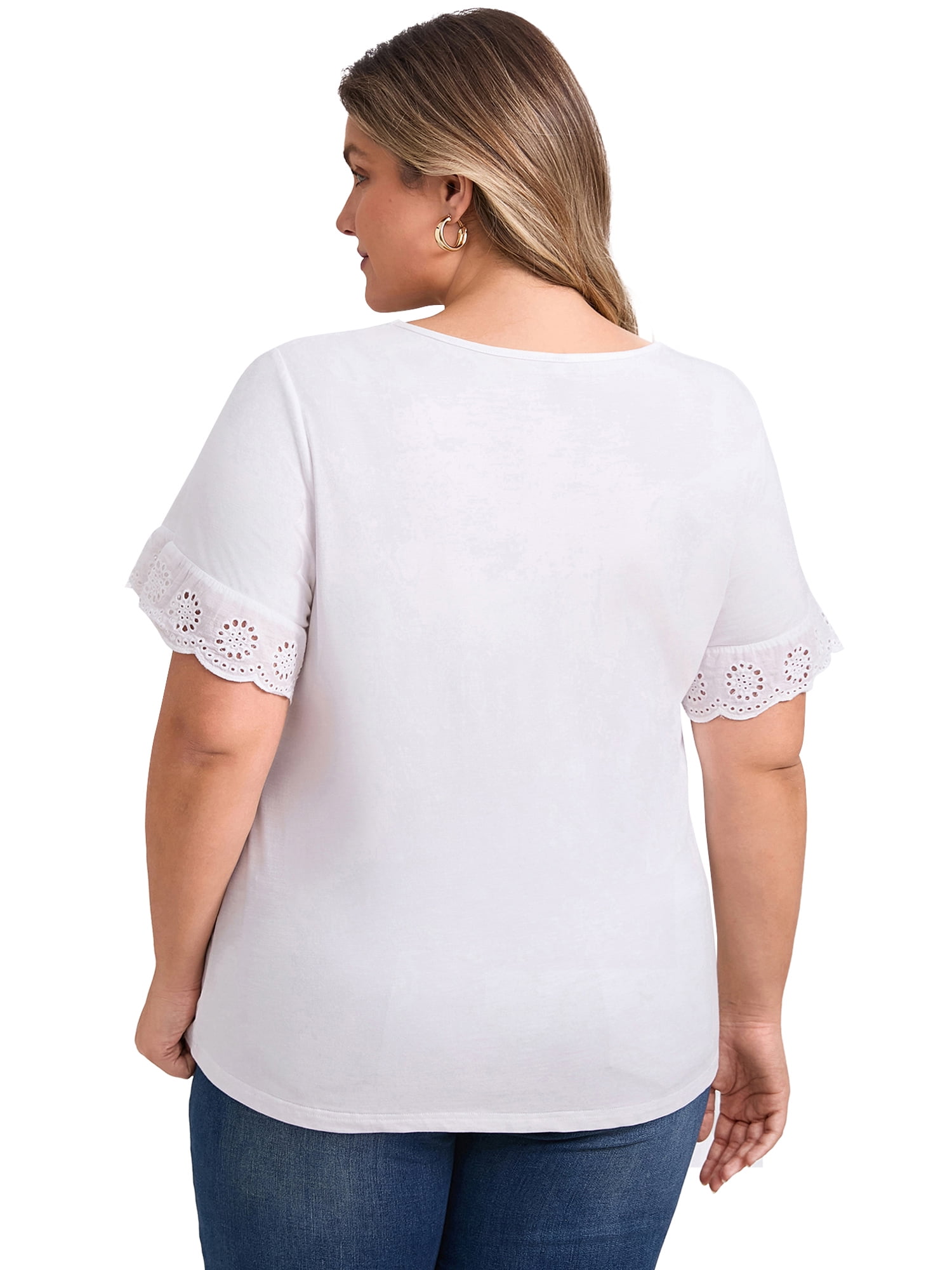 DARING DIVA Women's Plus Eyelet Embroidered Short Sleeve Blouse 4X White