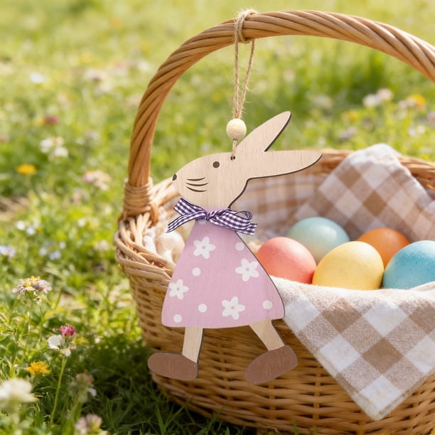 Set de decoraciones colgantes de madera para conejos de Pascua, adornos de mesa de 10 en verde menta, amarillo azul, rosa rosa, decoración de puertas de pared de madera rústica