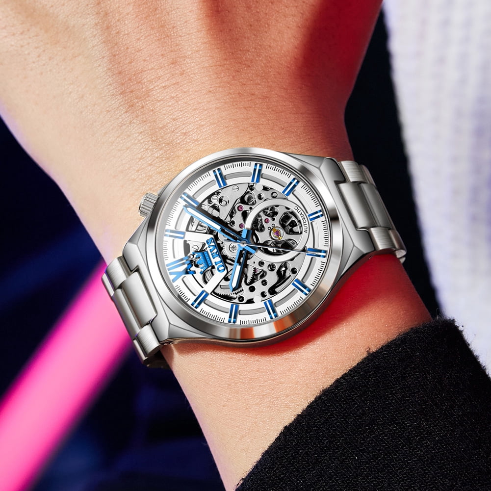 OLEVS Skeleton Watches for Men Luxury Dress Automatic Self Winding Mechanical Gold Plated Stainless Steel Waterproof Luminous Business Men Wrist Watch Reloj Para Hombre