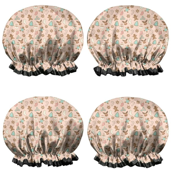 Shower Caps,Pink Christmas Gingerbread and Tree Pattern Waterproof Shower Cap for Women 4 Pieces,Double Reusable Hair Cover for Shower PEVA Elastic Stretch Hem