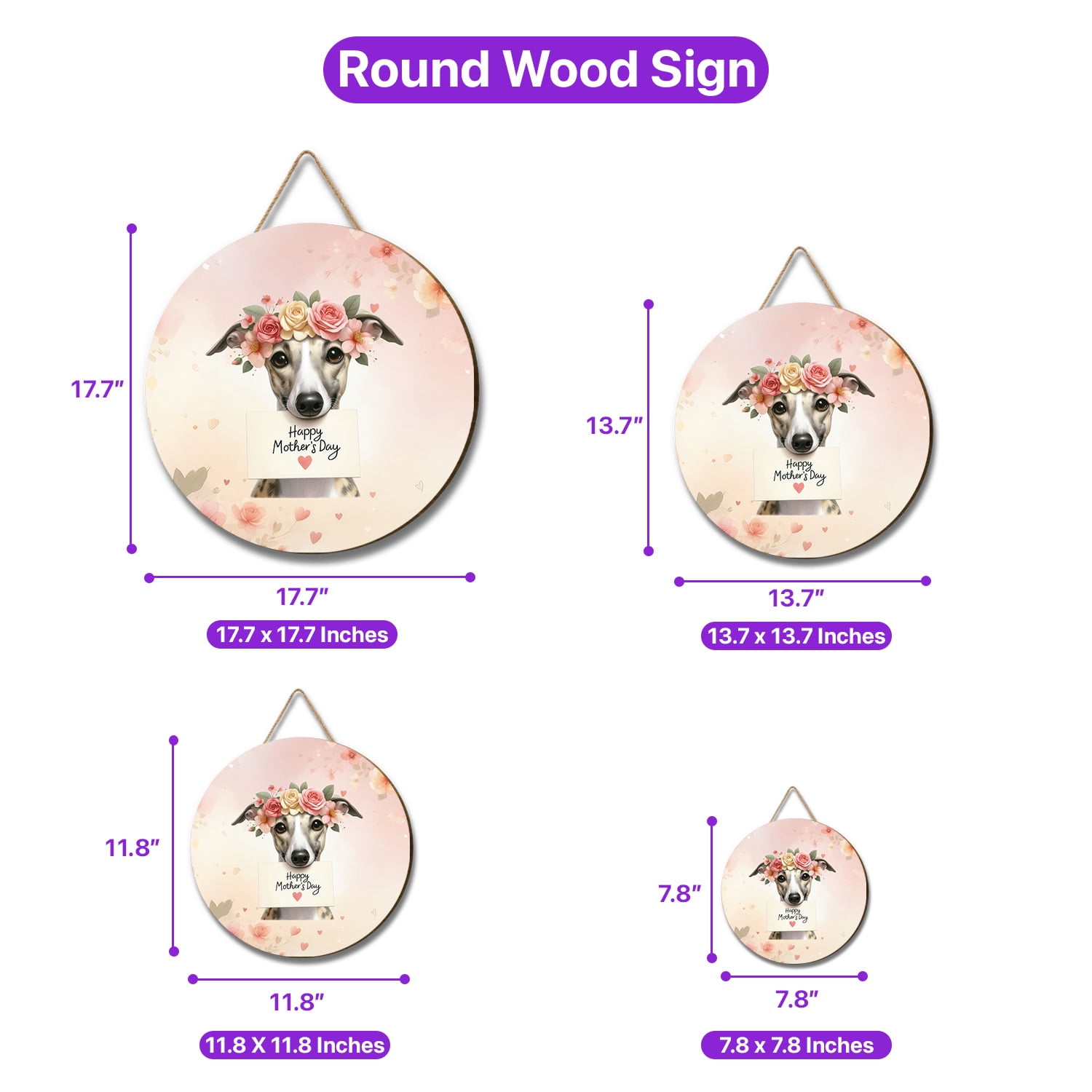 Happy Mother's Day Whippet with Flower Crown and Greeting Card Round Wood Sign Dog Lover Hanging Wall Home Decor - 13004