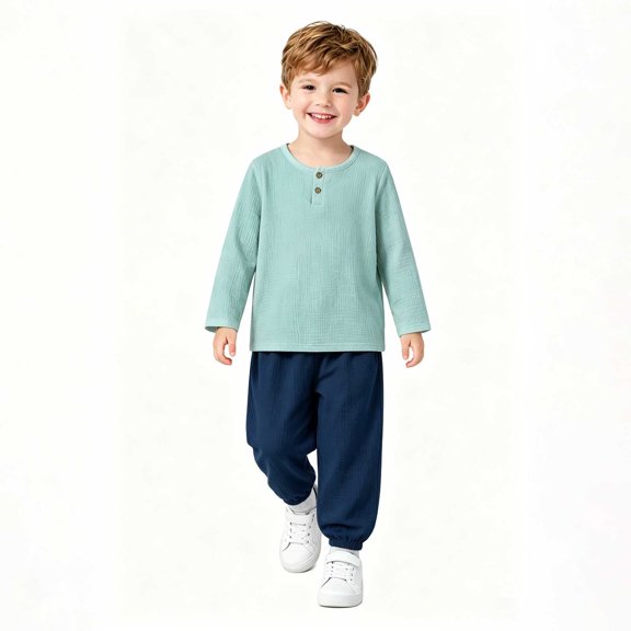 Mifsaly Toddler Boys 2 Piece Summer Outfit Sets Crinkle Cotton Gauze Henley Long Sleeve Shirts and Jogger Pants Kids Casual Loungewear & Playwear