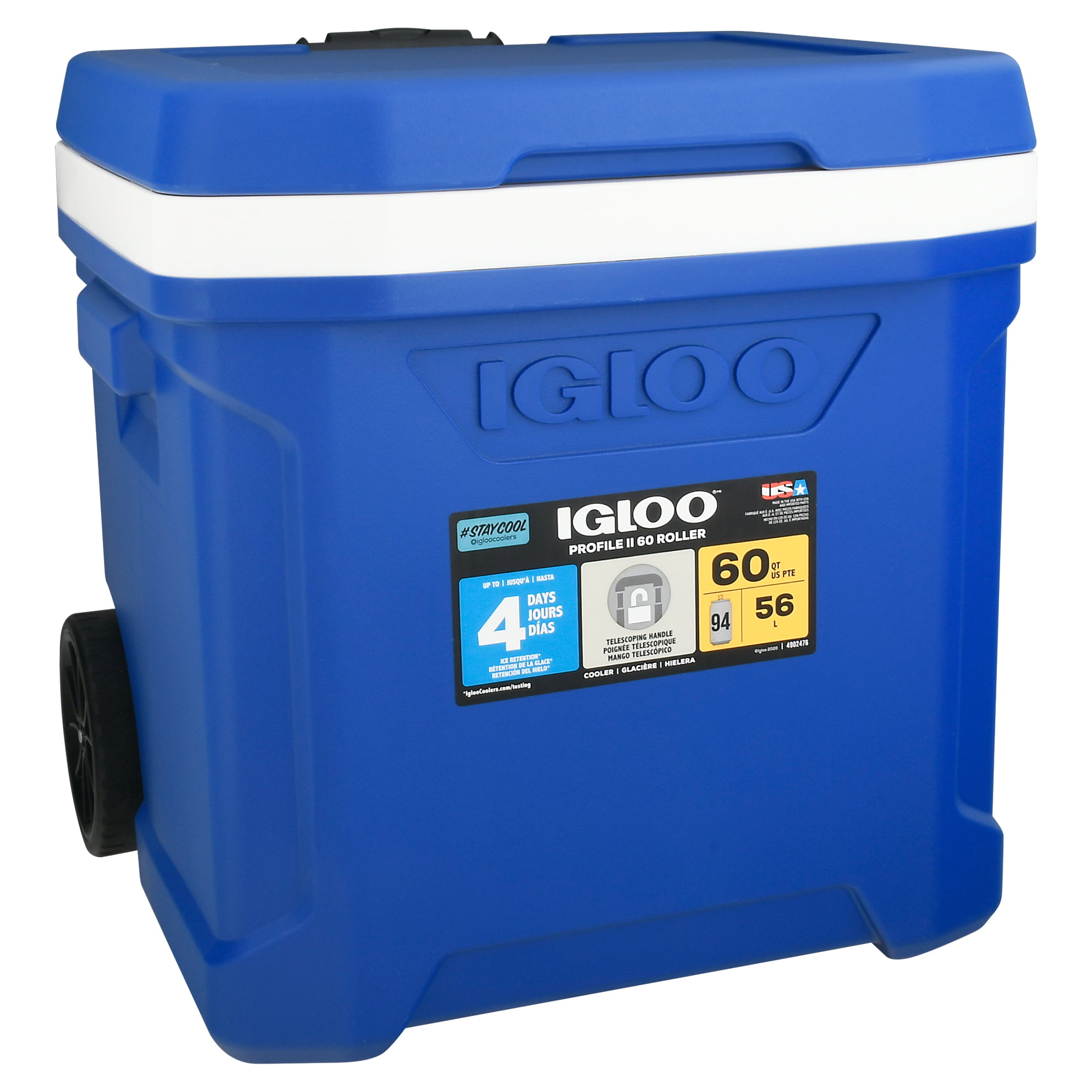 60-Quart, Ocean Blue Igloo Ice Cube Roller Cooler 