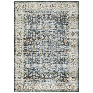 Oriental Weavers Charleston Washable Area Rug - CHA05 - 5' x 7' - in Blue/ Gold - Vintage Inspired, Non-Slip, Stain Resitant, Ultra Low Pile, Bedroom, Office Rug